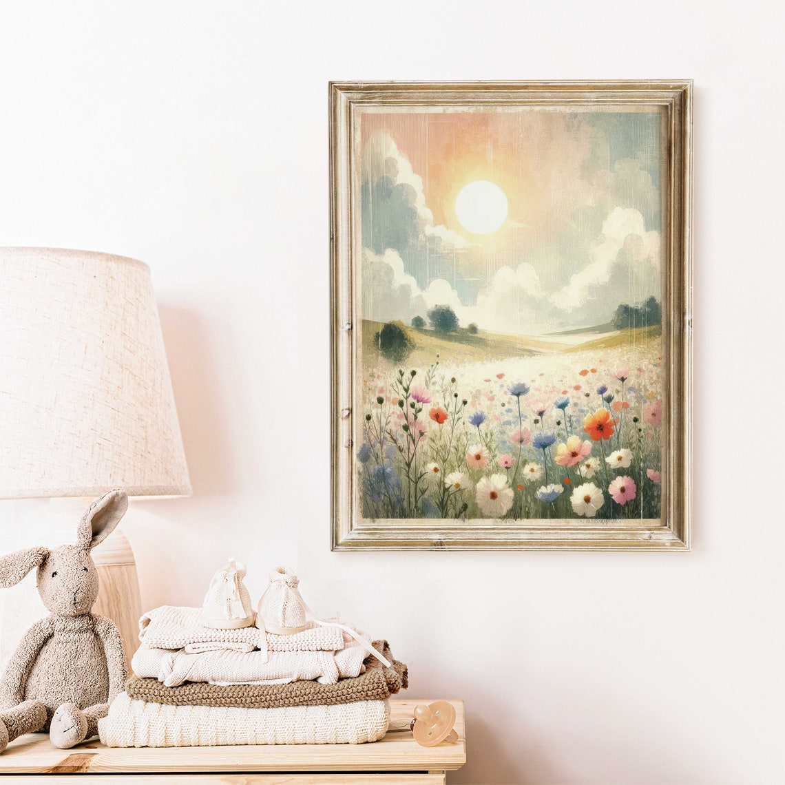 Sunlit Wildflower Field Under Dramatic Clouds Vintage Poster - Image 2