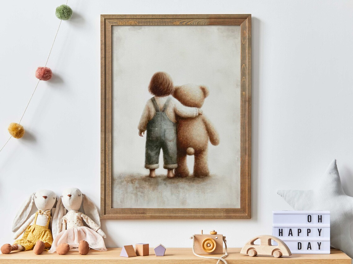 Little Boy Hugging Teddy Bear From Behind Sweet Nursery Art Poster