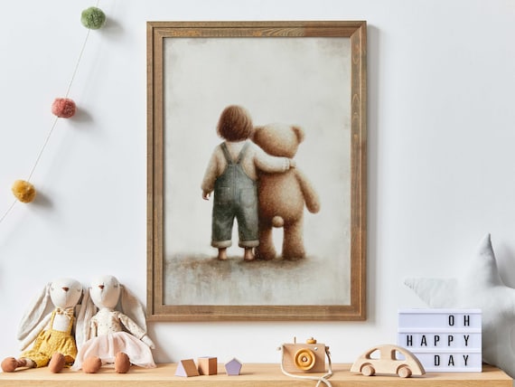 Little Boy Hugging Teddy Bear From Behind Sweet Nursery Art Poster