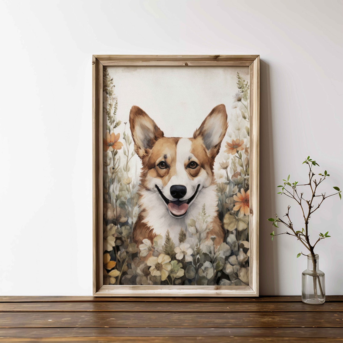 Smiling Pembroke Welsh Corgi Dog Among Flowers Watercolor Pet Poster