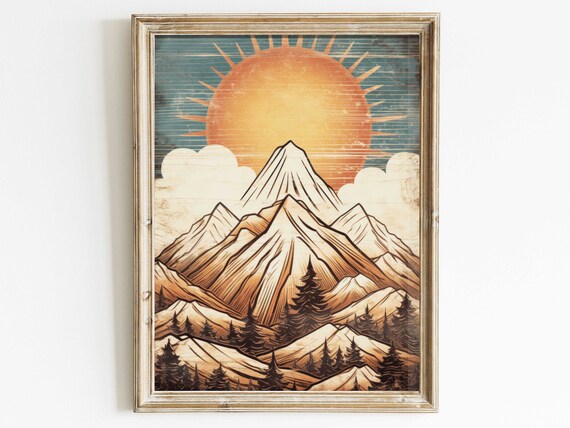Vintage Boho Decor Rustic Mountain Wall Art Distressed Nature Print Boho Sun Bohemian Style Home Decor Landscape Art