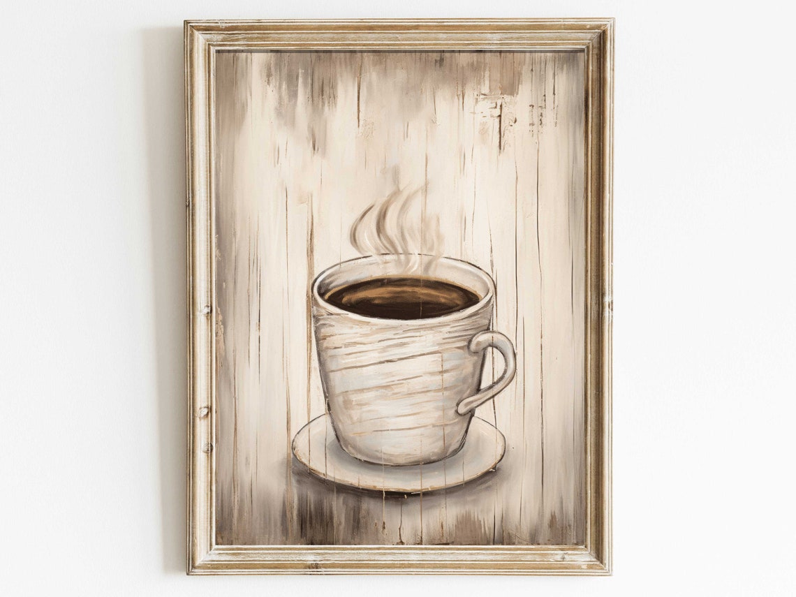 Steaming White Coffee Cup On Saucer Vintage Rustic Kitchen Wall Art