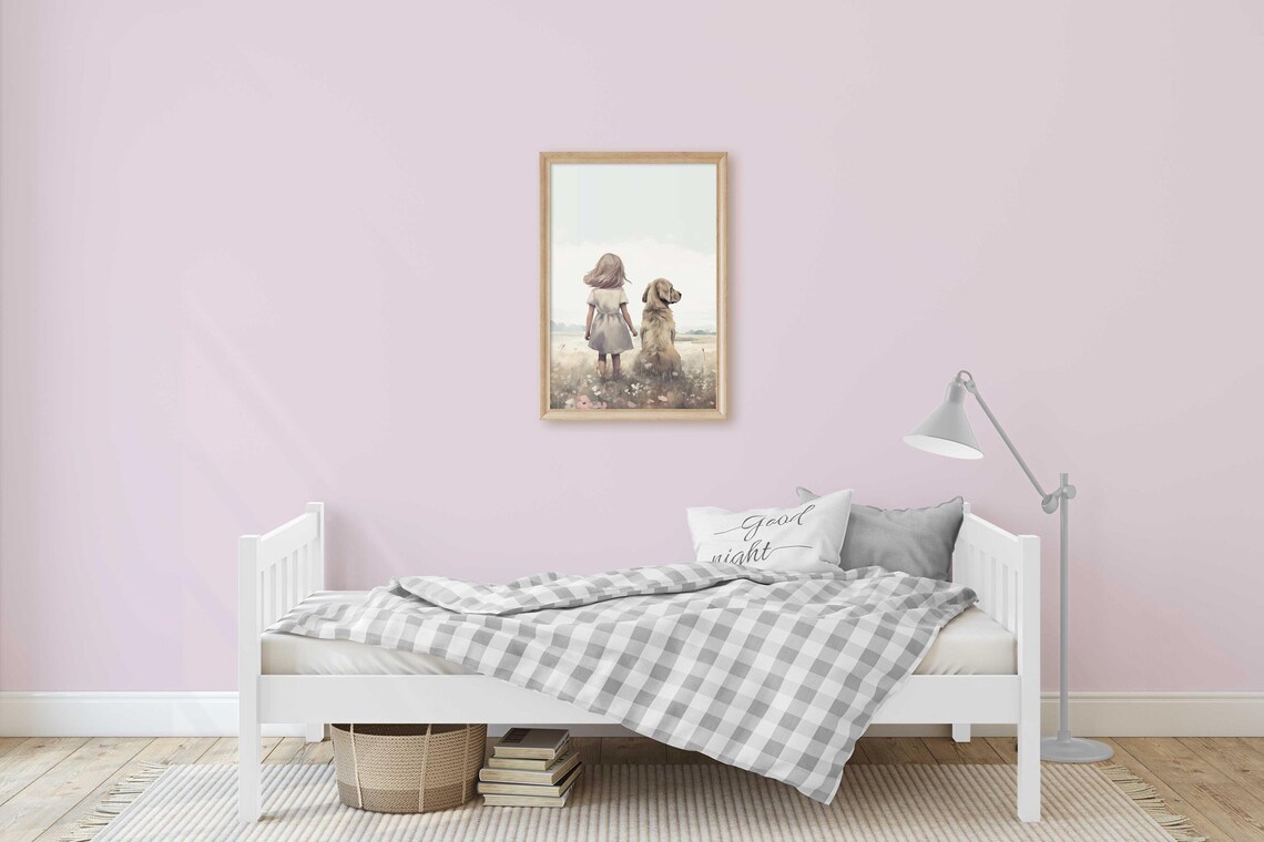 Little Girl And Golden Retriever Wildflower Field Art Poster - Image 3