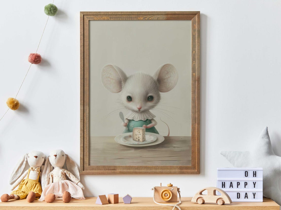 Whimsical White Mouse Eating Cheese Vintage Nursery Art Poster