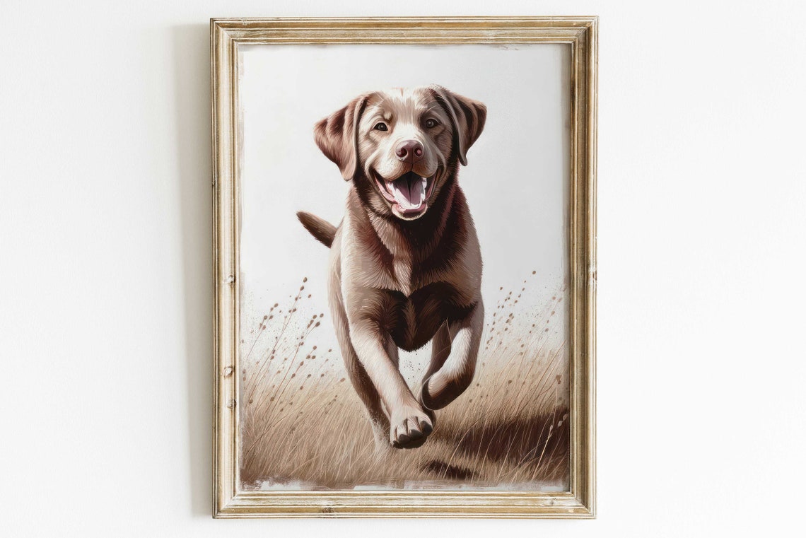 Happy Chocolate Labrador Running Through a Wheat Field Poster