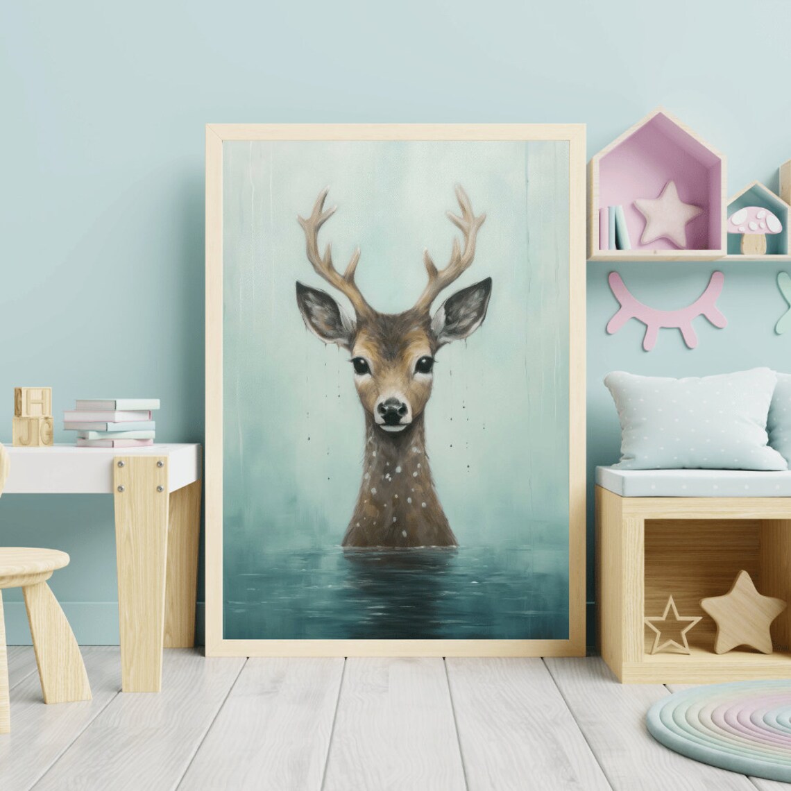 Cute Deer Bathing in Teal Water Woodland Nursery Animal Poster - Image 2