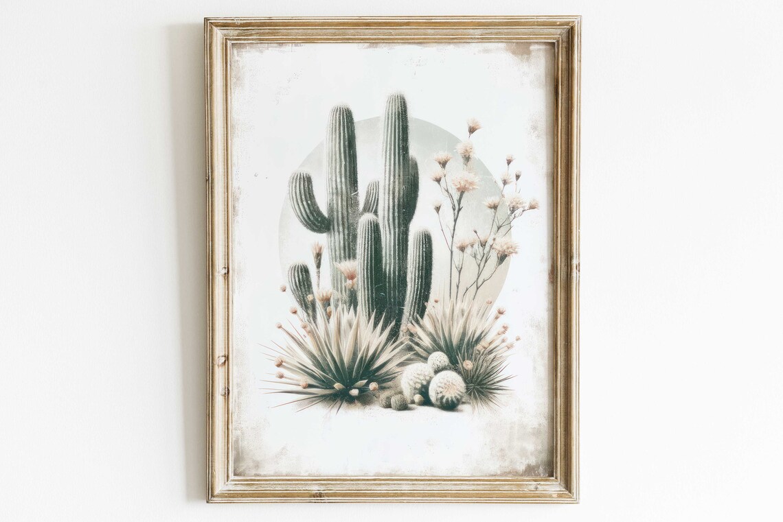 Saguaro Cactus and Desert Wildflowers Boho Vintage Wall Art for Home