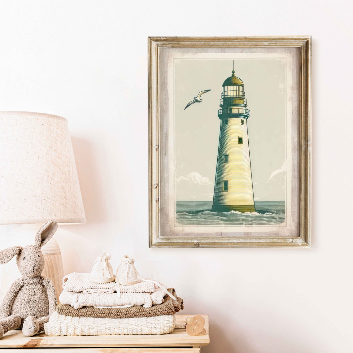 Vintage Lighthouse by the Sea with Soaring Seagull Coastal Poster - Image 2