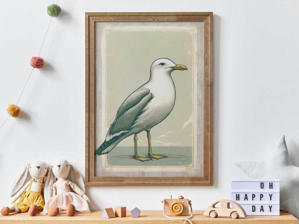 Vintage Seagull Coastal Bird Engraved Illustration Style Wall Art