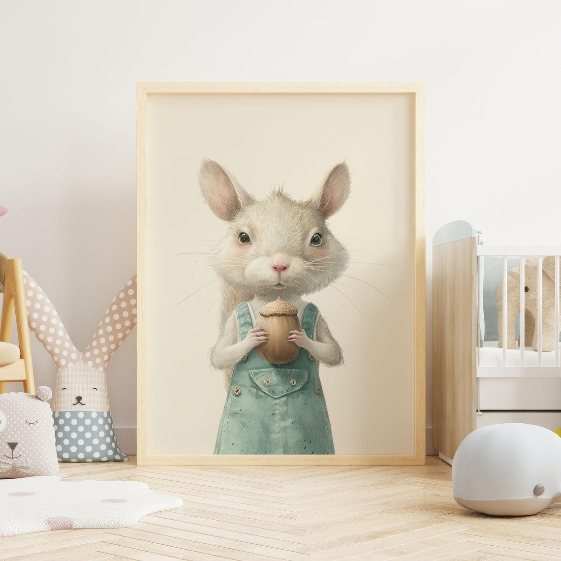 Squirrel in Green Overalls Holding Acorn Cute Nursery Art Poster - Image 2