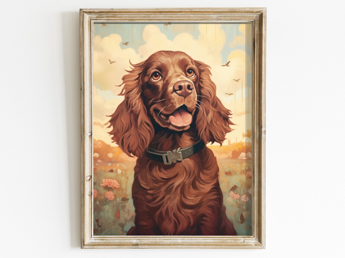 Vintage Cocker Spaniel Art Print, Dog and Flowers