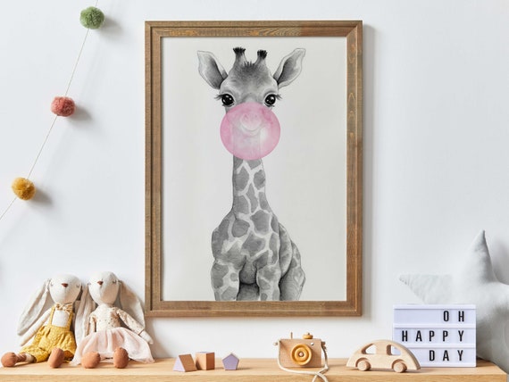 Giraffe Bubblegum Giraffe Nursery Decor Animals Blowing Bubble Gum Whimsical Safari Animal Nursery Decor Nursery Animal Art