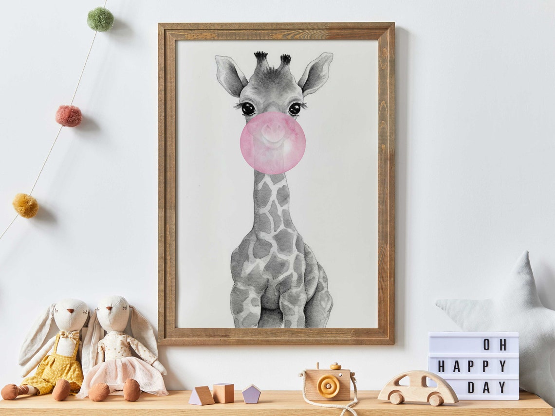 Giraffe Blowing Pink Bubblegum Whimsical Funny Nursery Art Poster