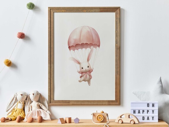 Cute Bunny Nursery Art Print Bunny In Parachute Pink Hot Air Balloon Nursery Print Nursery Decor Baby Shower Gift Nursery Art