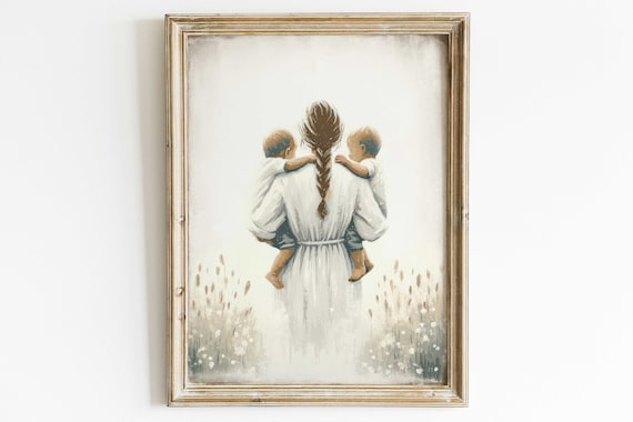 Mother Carrying Twin Boys Through a Wildflower Meadow Poster