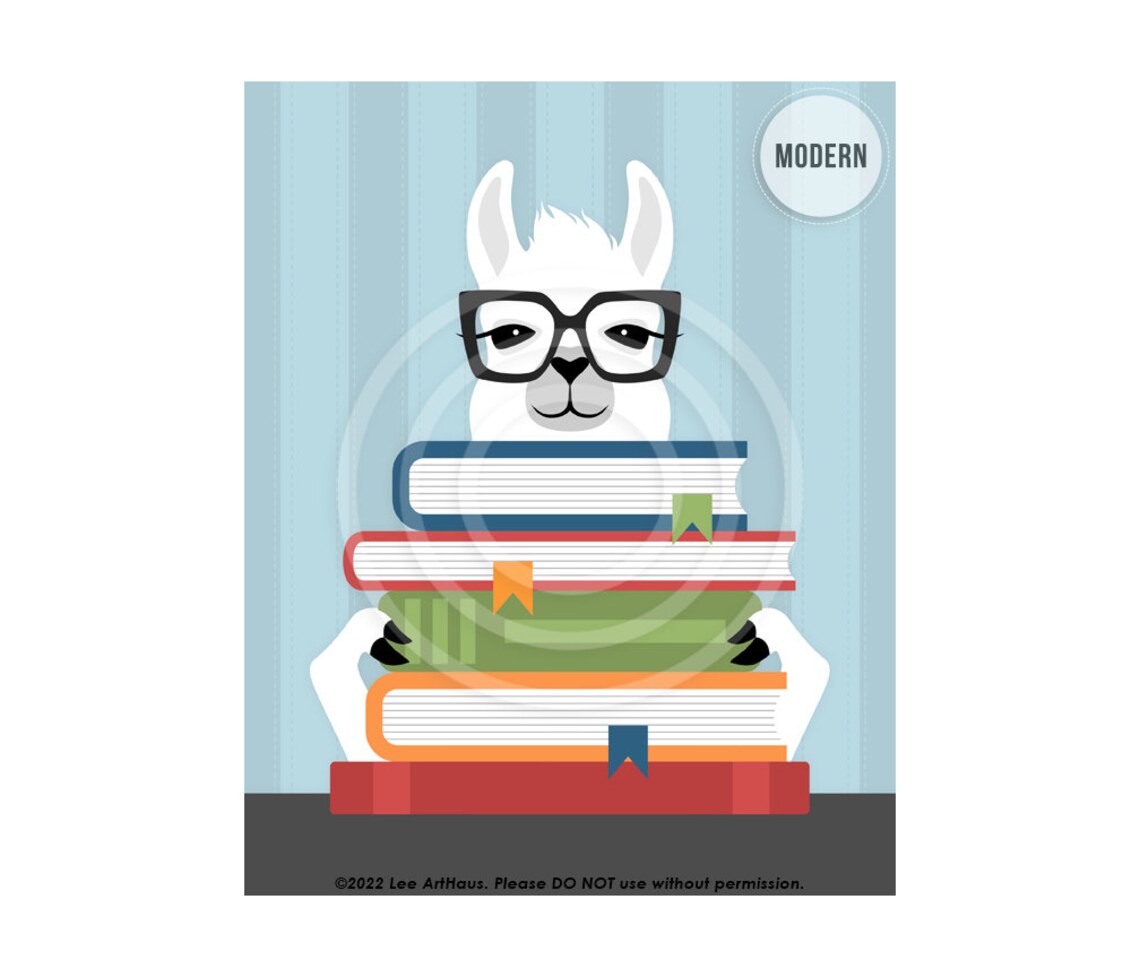 White Llama With Glasses Reading Stack Of Books Cartoon Art Poster - Image 2