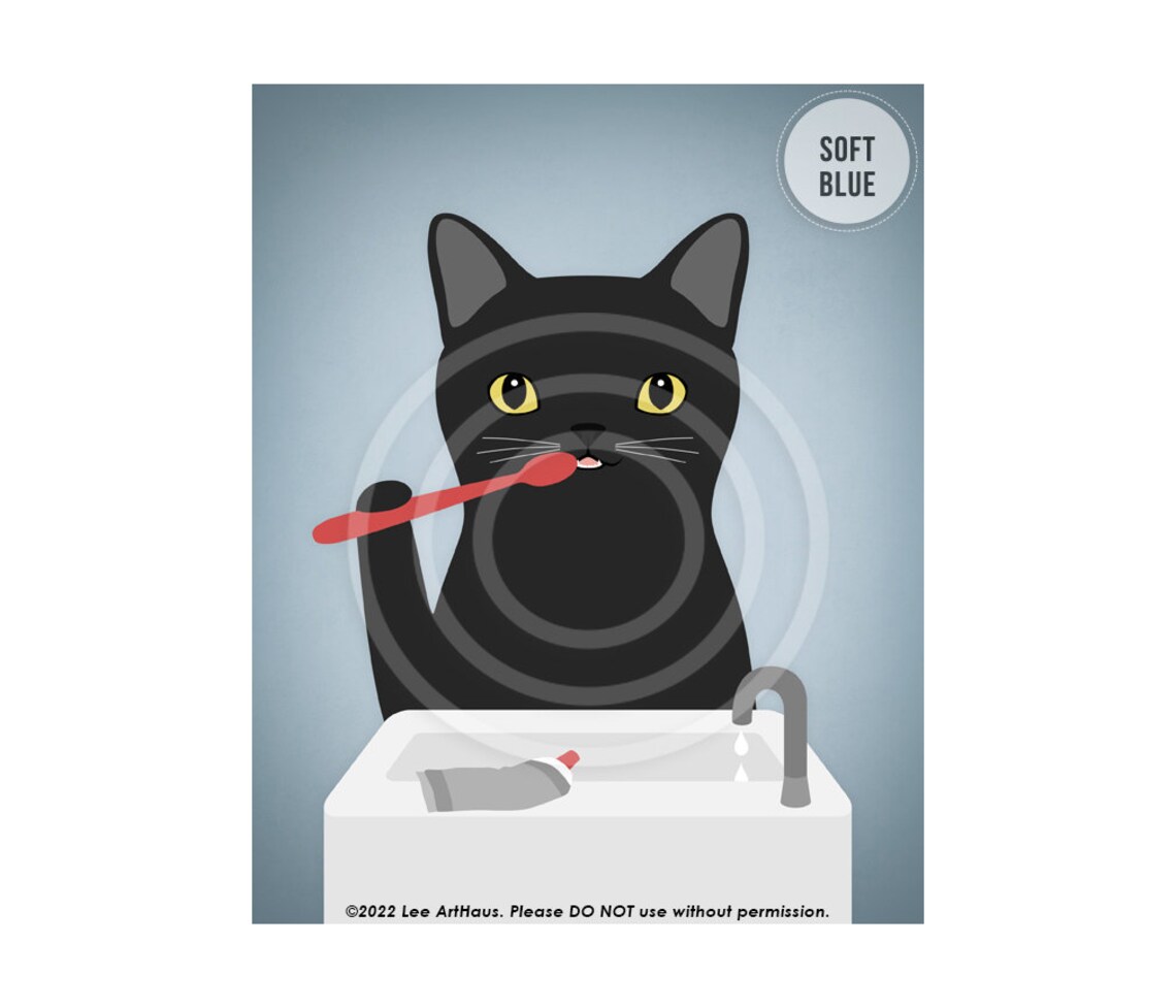 Black Cat Brushing Teeth Yellow Eyes Pink Watercolor Funny Bathroom Poster - Image 2