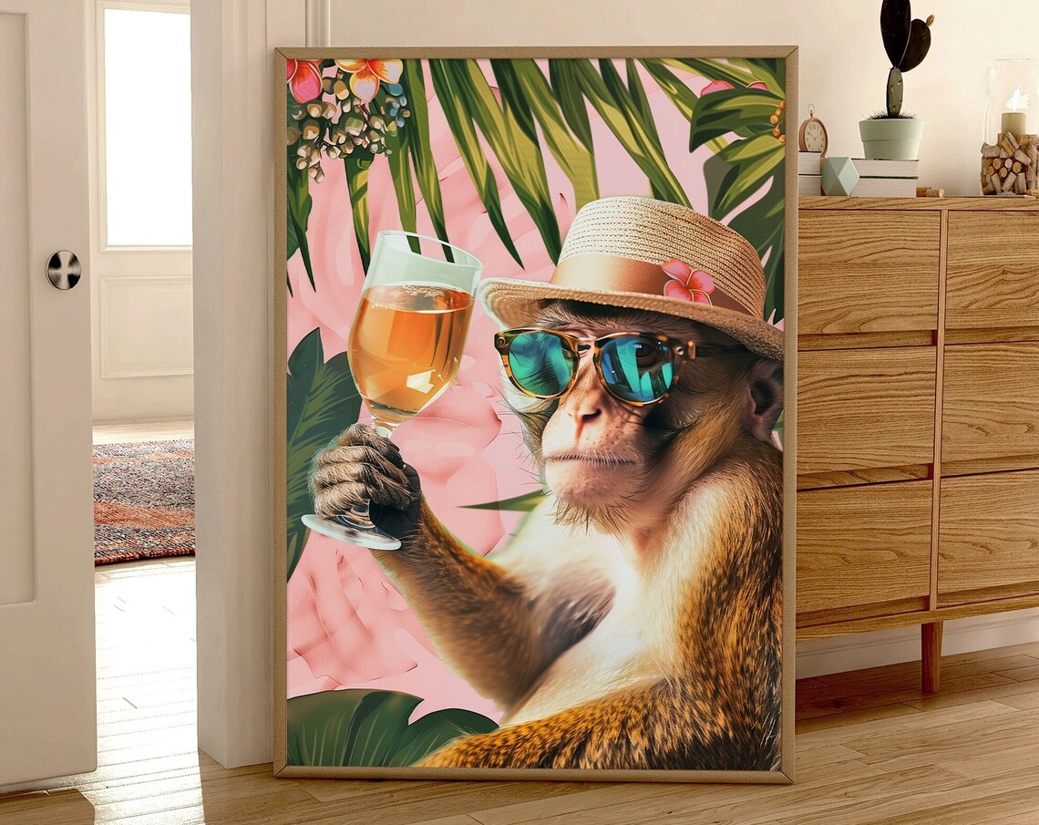 Tropical Monkey Cocktail Party Sunglasses Straw Hat Summer Poster