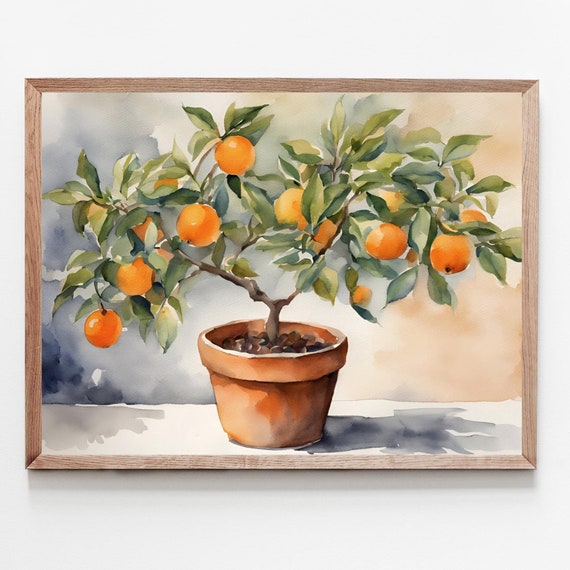 Orange Tree Painting Kitchen Wall Art Oranges Watercolor Print Farmhouse Decor Summer Fruit Artwork