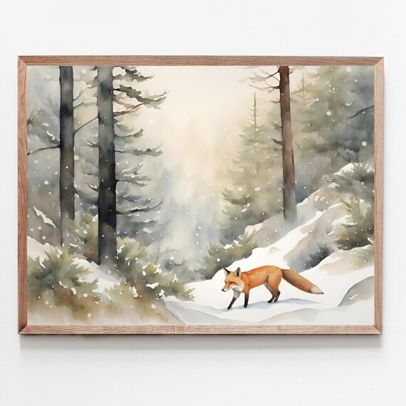 Winter Fox Watercolor Poster Snowy Forest Pine Landscape Art for Nursery Decor