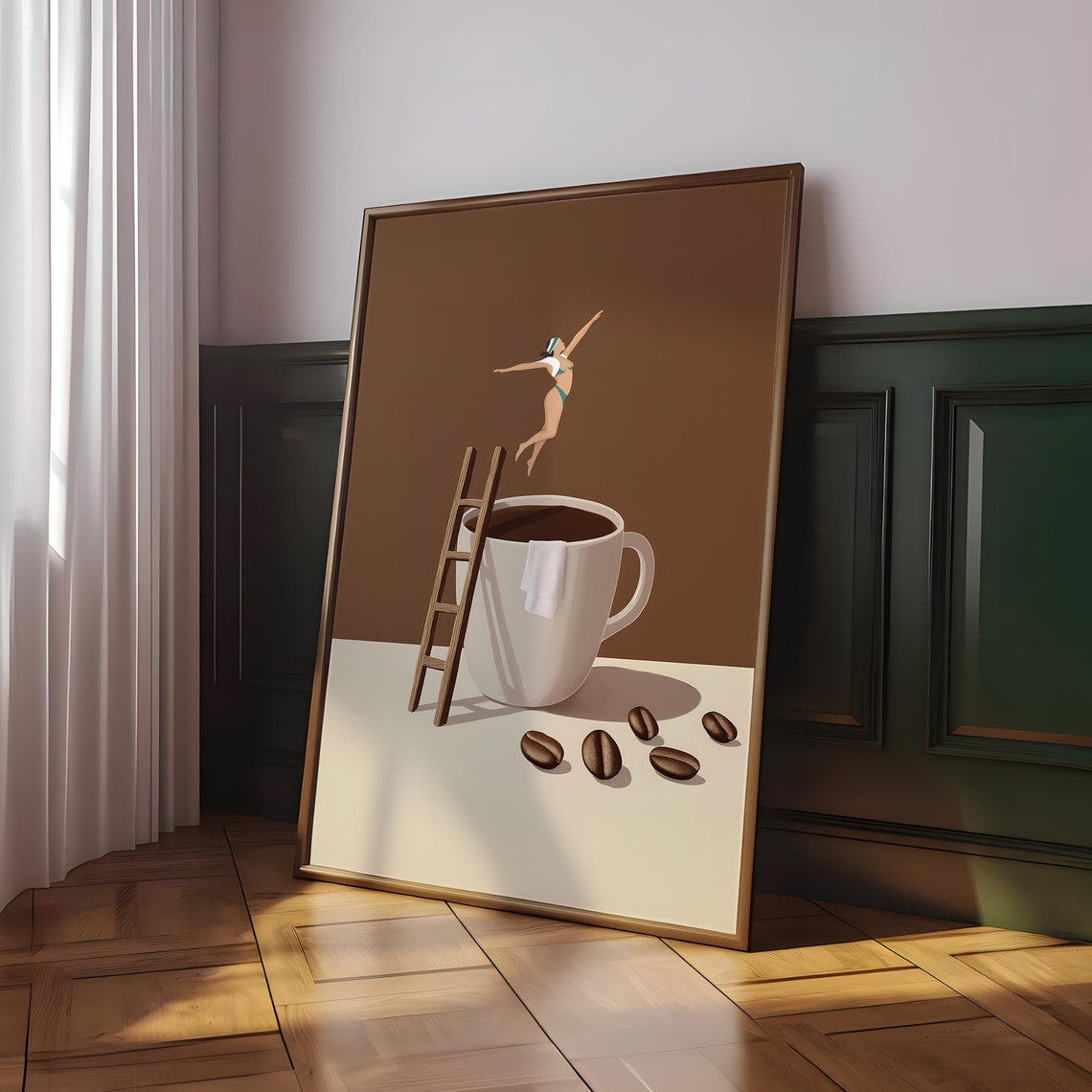 Coffee Diver Wall Art Surreal Print Minimalist Poster Kitchen Decor Espresso Latte Cafe Prints Digital File