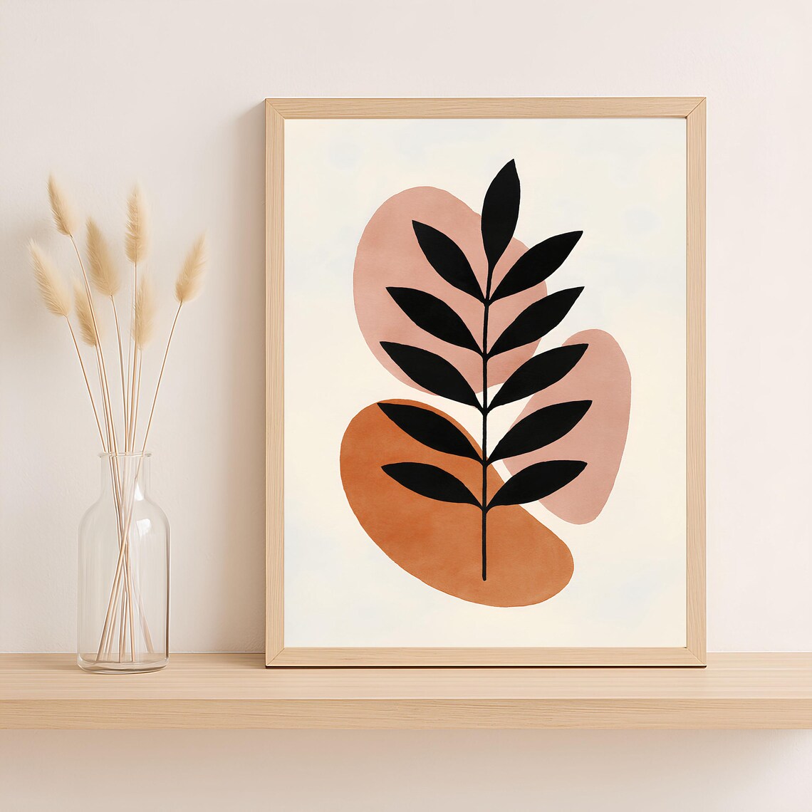 Abstract Black Leaf Print Modern Boho Botanical Wall Art Terracotta Shape Minimalist Png Poster