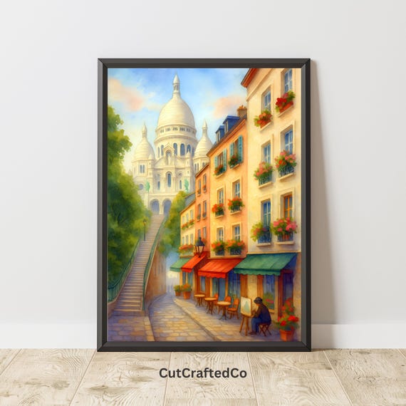 Montmartre Watercolor Wall Art French Cityscape Decor Paris Street Painting