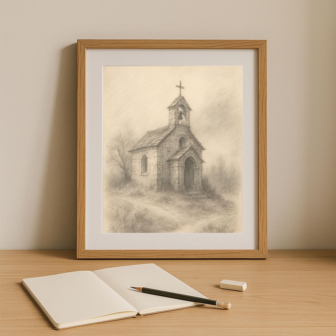 Rustic Church Pencil Sketch, Vintage Countryside Chapel