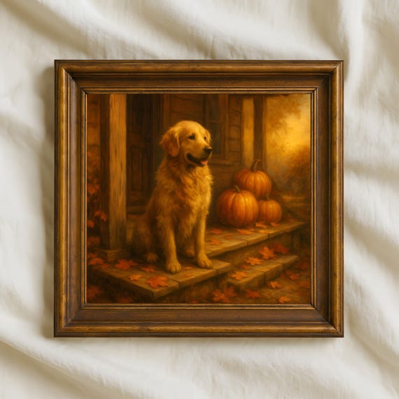 Golden Retriever Oil Painting Autumn Dog Wall Art Print Rustic Fall Farmhouse Decor Pumpkin Porch Artwork Cozy Pet Home Gift