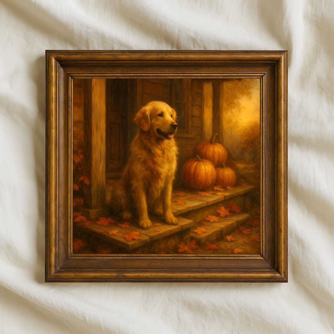 Golden Retriever Autumn Porch Pumpkins Cozy Fall Dog Wall Print