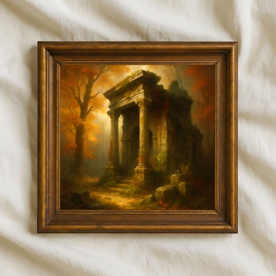 Ancient Ruins Oil Painting Gothic Autumn Wall Art Mystical Forest Temple Print Rustic Fall Decor Dark Academia Artwork