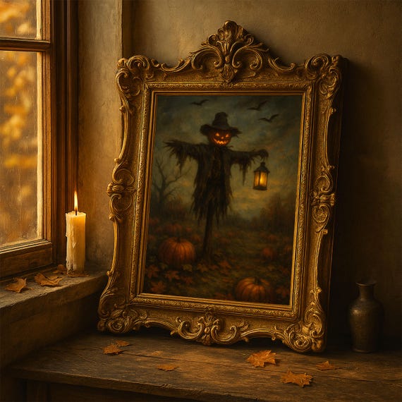 Halloween Scarecrow Wall Art Pumpkin Lantern Print Haunted Oil Painting Gothic Rustic Fall Decor