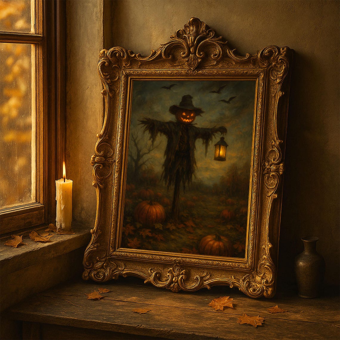Halloween Scarecrow Wall Art Pumpkin Lantern Print Haunted Oil Painting Gothic Rustic Fall Decor