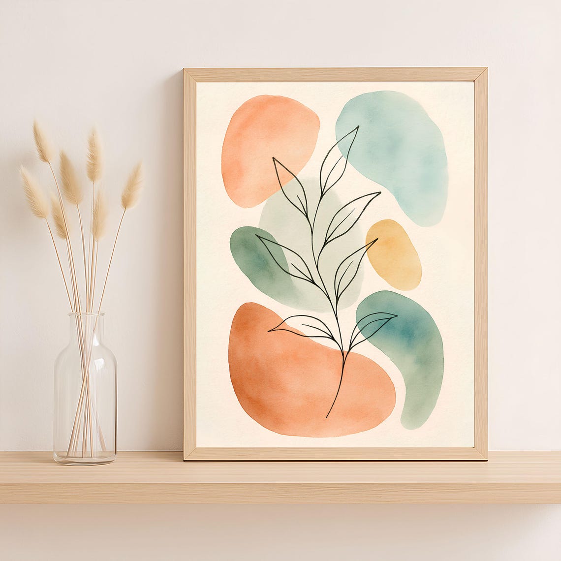 Boho Abstract Leaf Line Art Colorful Watercolor Shapes Poster