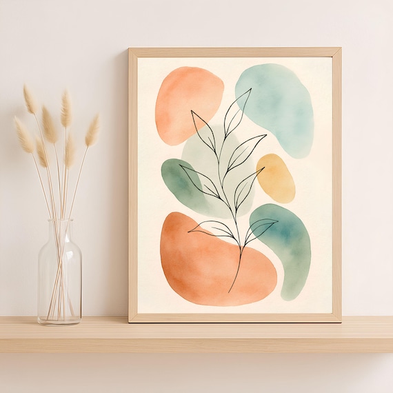 Boho Abstract Leaf Line Art Colorful Watercolor Shapes Poster