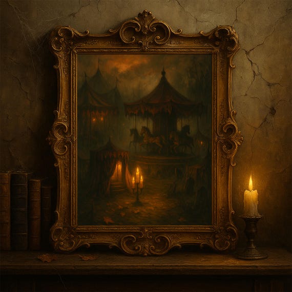 Dark Carnival Haunted Carousel Vintage Halloween Oil Painting Wall Art Decor