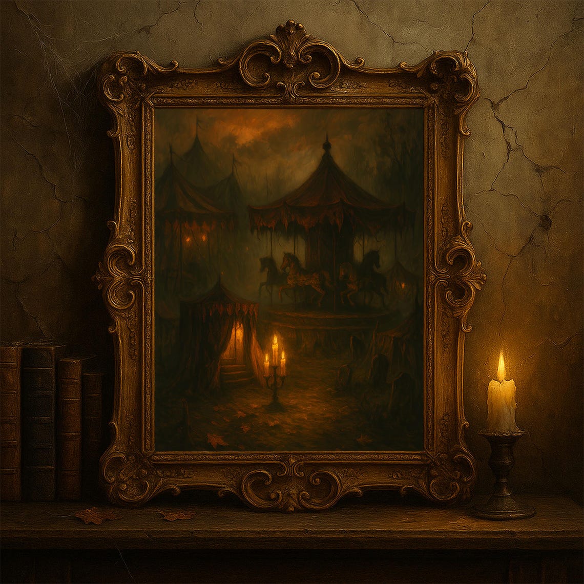 Dark Carnival Haunted Carousel Vintage Halloween Oil Painting Wall Art Decor