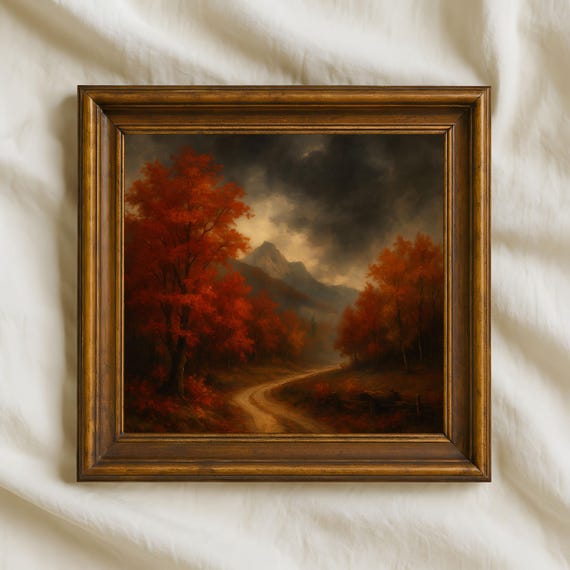 Mountain Road In Autumn Wall Art Rustic Fall Landscape Painting Countryside Forest Print