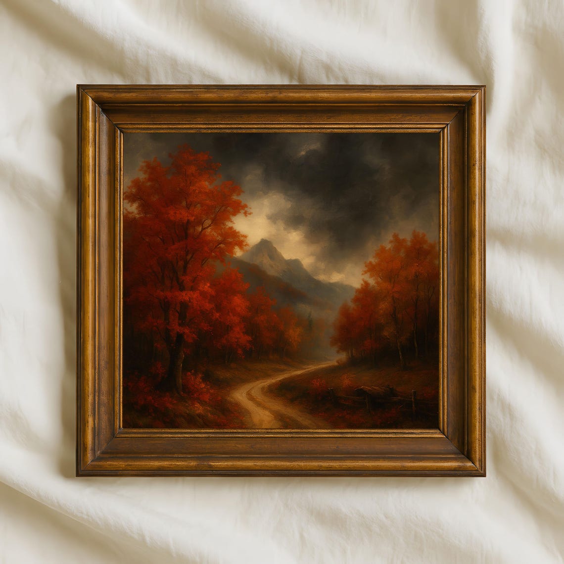 Moody Mountain Road in Autumn Red Trees Stormy Sky Rustic Poster