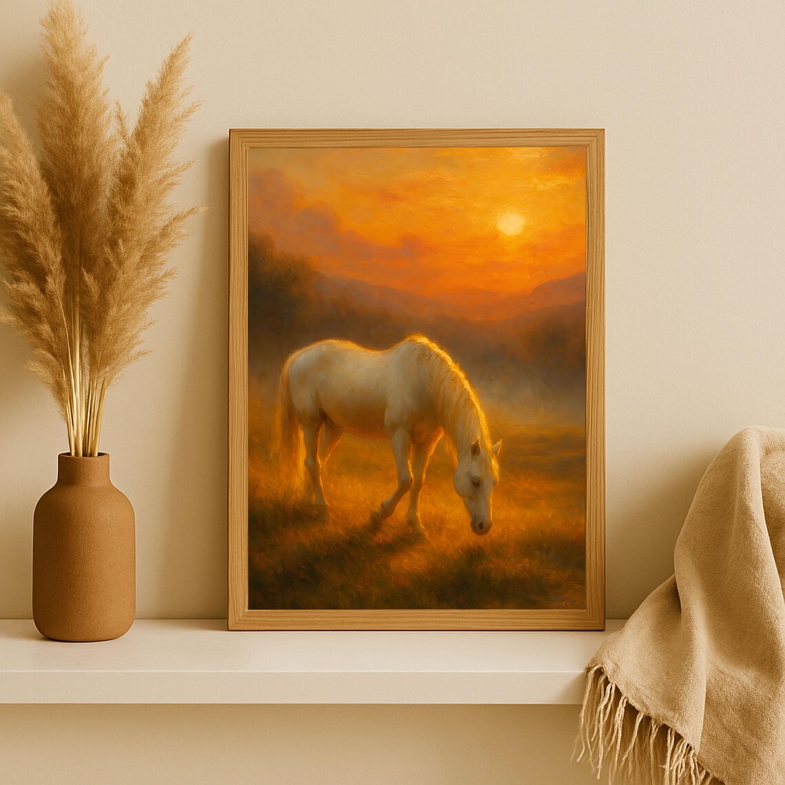 Golden Horse Grazing at Sunset Rustic Meadow Oil Painting Poster