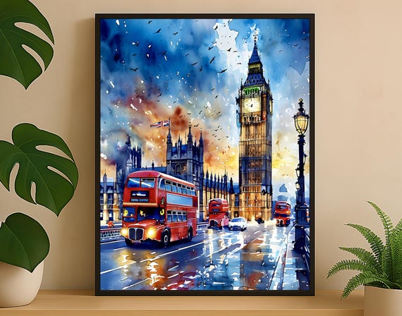 Big Ben Watercolor London Night Art Uk Landmark Illustration Romantic British Decor Wall United Kingdom