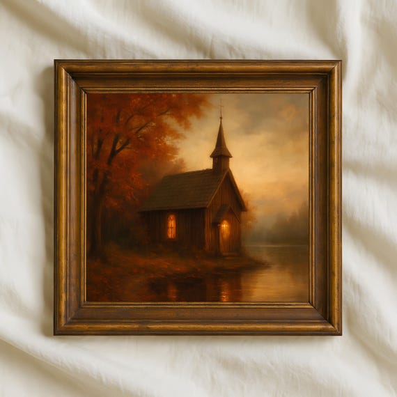 Rustic Autumn Chapel Wall Art Vintage Countryside Church Painting Warm Fall Cottage Decor Print