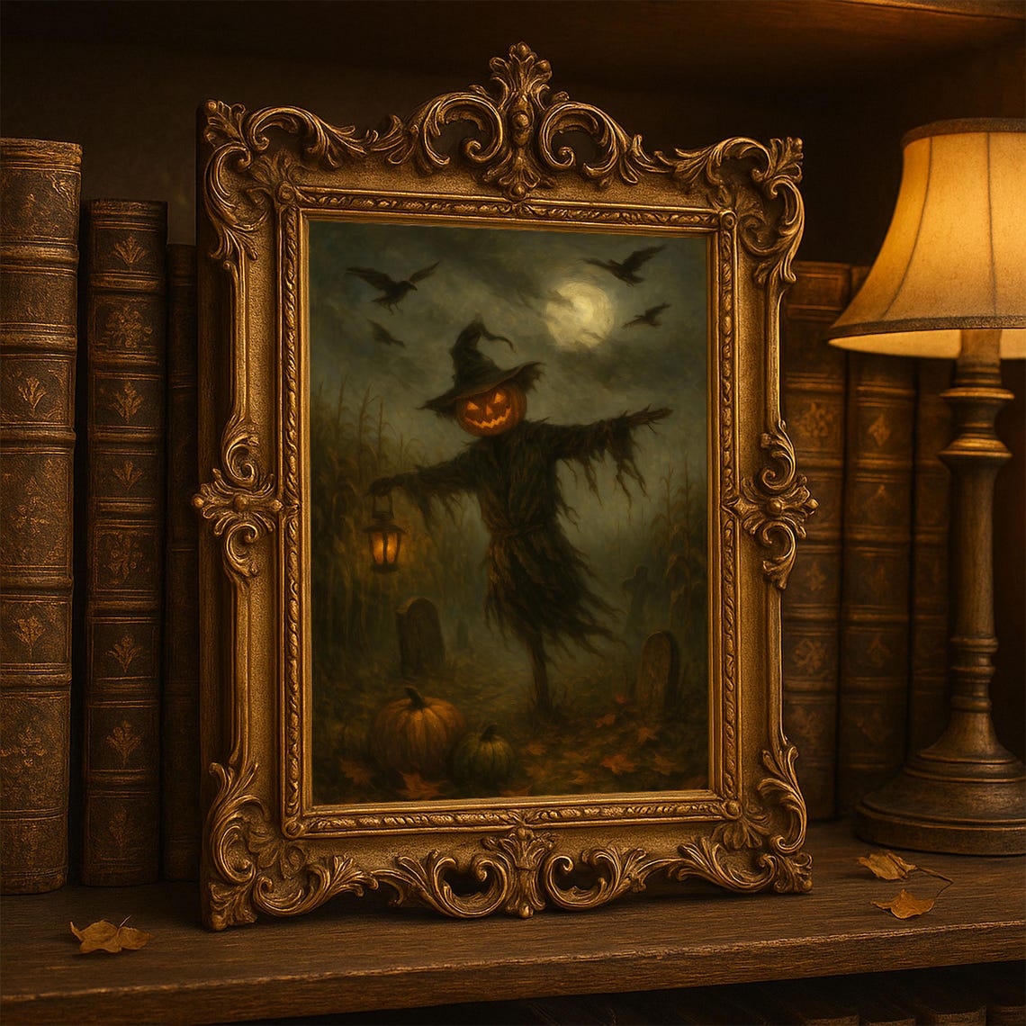 Pumpkin Scarecrow Wall Art Gothic Halloween Creepy Jack Olantern Oil Painting Haunted Cornfield Decor Spooky Horror Print