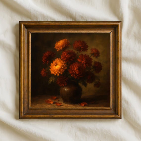 Autumn Chrysanthemum Oil Painting Rustic Floral Wall Art Print Warm Fall Still Life Bouquet Vintage Style Artwork