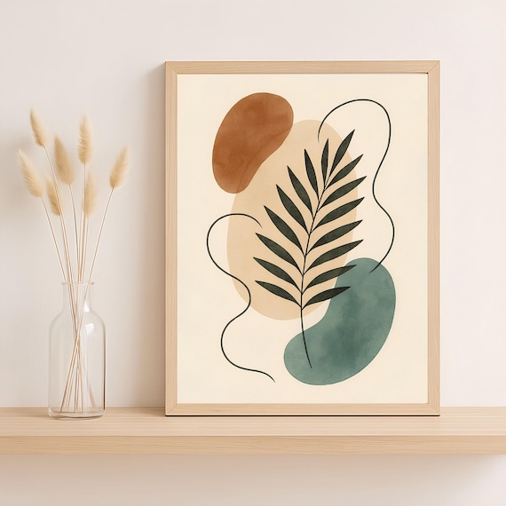 Modern Abstract Leaf Poster With Terracotta And Sage Boho Shapes