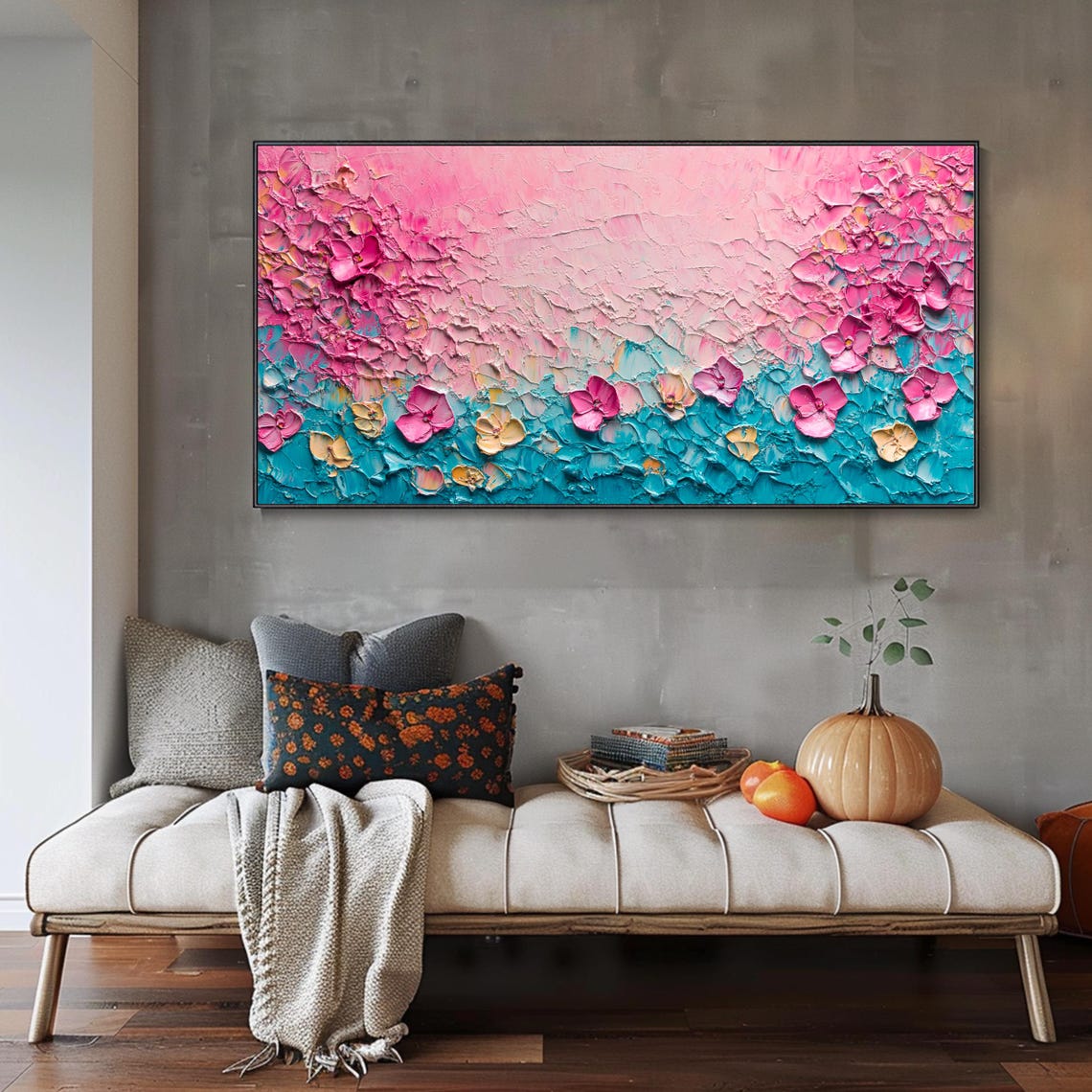 Pink Floral Abstract On Teal Heavy Impasto Flower Painting Poster - Image 3