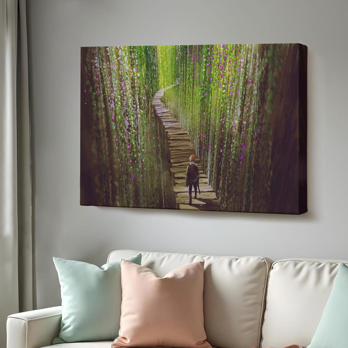 Warrior Walking Green Ivy Gorge Wooden Path Fantasy Art Poster