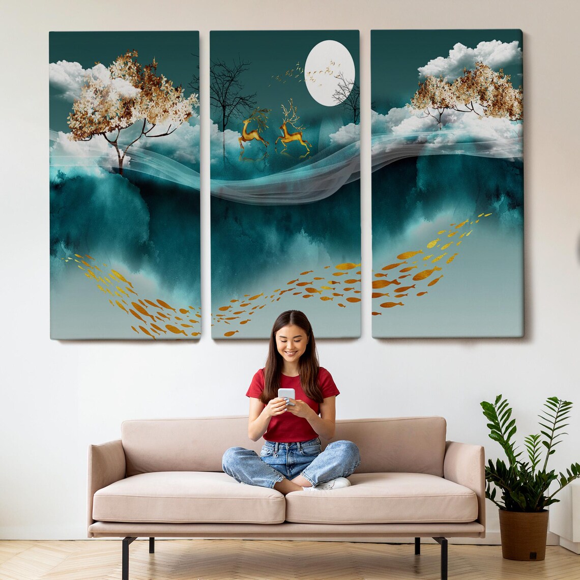Golden Deer Running Clouds Moonlit Teal Night Surreal Dreamlike Wall Art Poster - Image 2