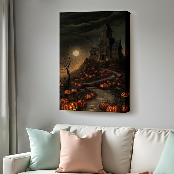 Haunted House On Hill Jack O Lanterns Halloween Night Spooky Wall Art