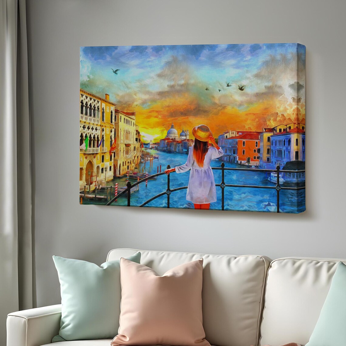 Venice Canal Sunset Girl Overlook Santa Maria Salute Italy Poster